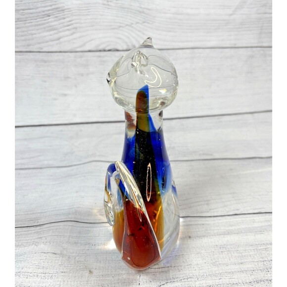 Murano Handblown Art Glass Clear Blue Amber 8" Cat Fish in Belly Figurine Decor - Picture 2 of 7
